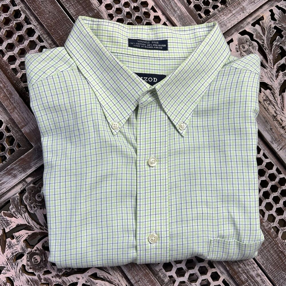 Izod Shirt Mens XL Wrinkle Free Green and Blue Plaid Long Sleeve Button Down